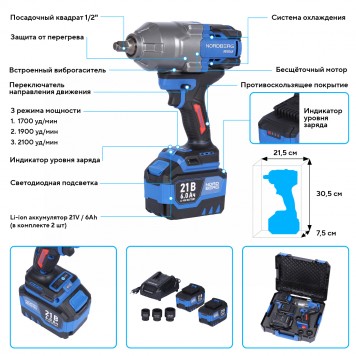 Гайковерт аккумуляторный NORDBERG NE806K-1/2 (1/2", 21 В, 1500 Нм)-3